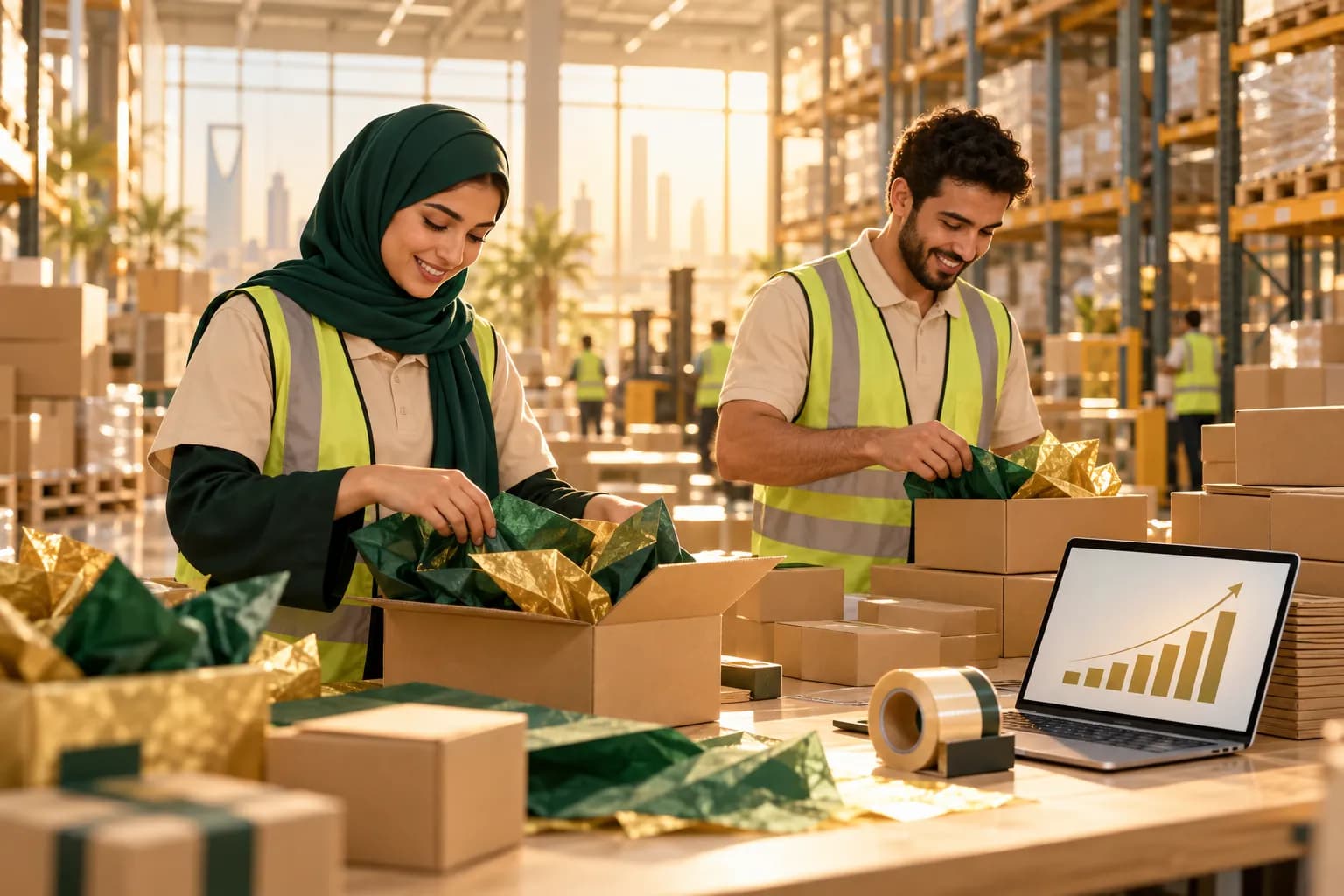 Staff packing small parcels with emerald and gold tissue paper at a bright Riyadh fulfilment table, a laptop showing an abstract sales chart beside stacked boxes