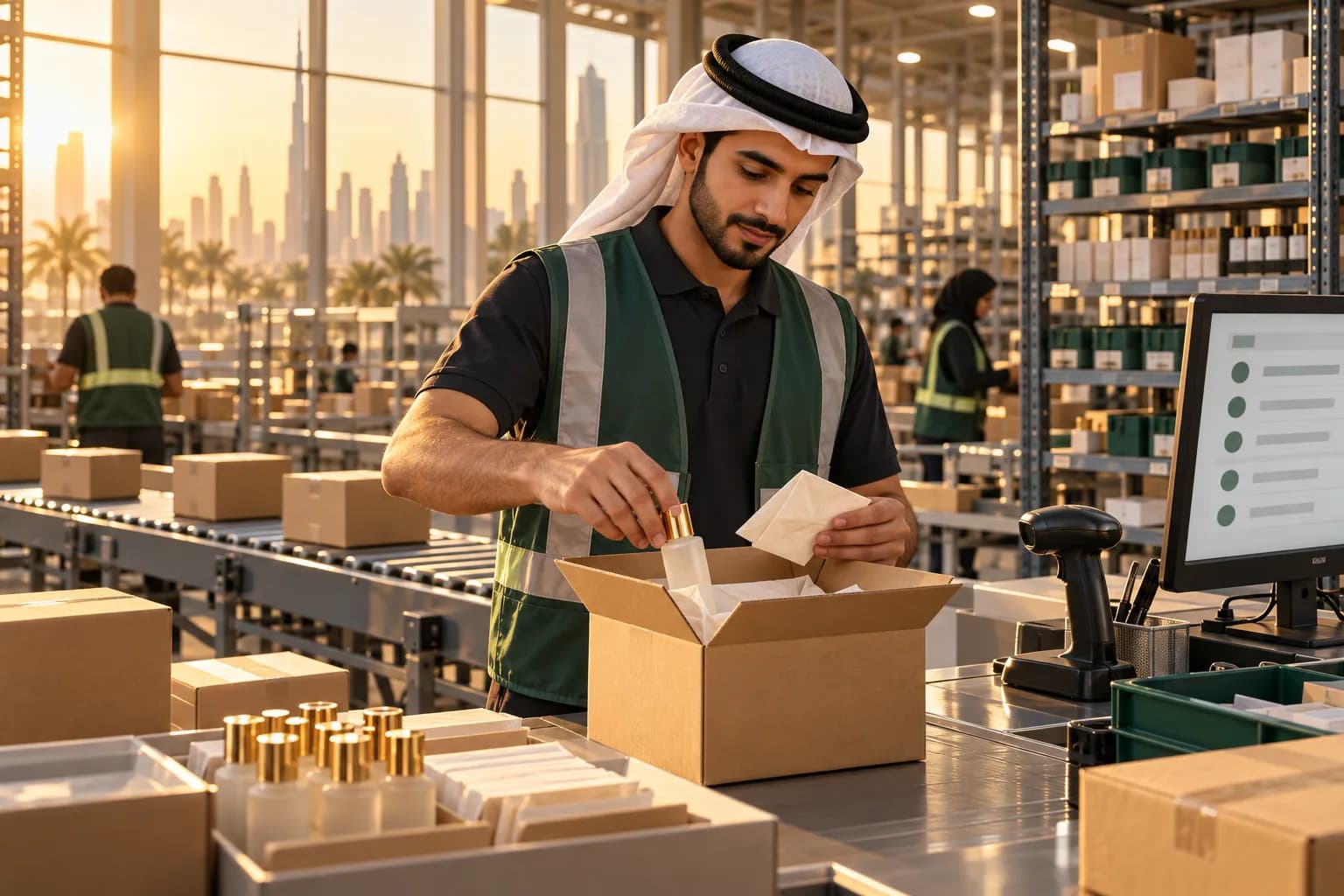 موظف مستودع في دبي يغلّف طلب منتجات عناية بالبشرة في صندوق بسيط عند محطة التجهيز، وبجانبه قارئ باركود وشاشة الطلبات