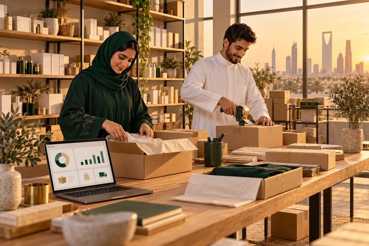 A small ecommerce team in a bright Gulf warehouse packing customer orders into boxes