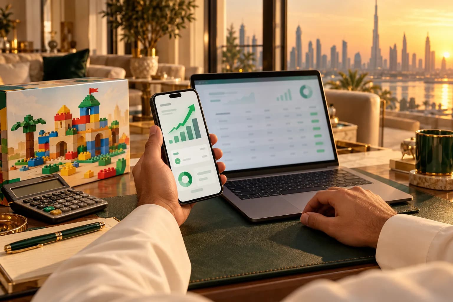 A Gulf seller at a home office desk checking a payout summary on a laptop next to a toy building-block box and a calculator