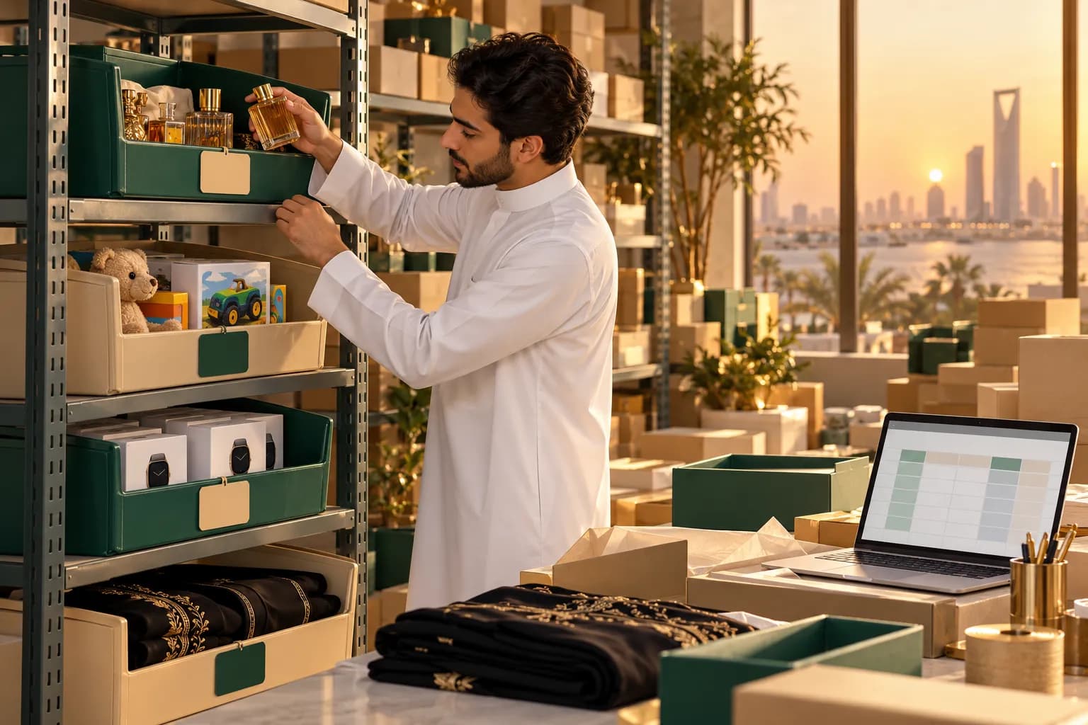 A Saudi seller in a bright stockroom sorting a perfume bottle, a toy box, a smartwatch and a folded abaya into labelled bins beside a laptop