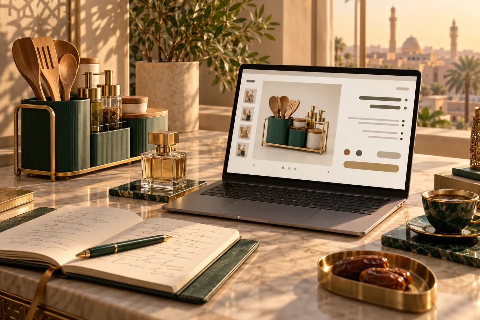 A Saudi seller reviewing an Arabic product page on a laptop, with product samples on the desk