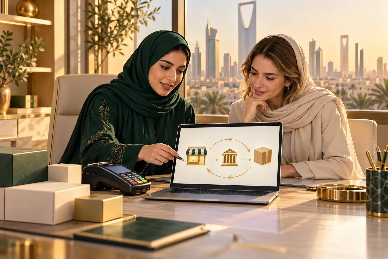 A Saudi compliance adviser and a foreign brand manager reviewing payment flows on a laptop in a Riyadh office