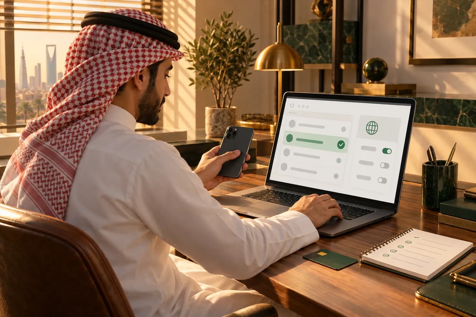 A Saudi store owner at a Riyadh desk paying a test order on an iPhone while checking the payment in a laptop dashboard