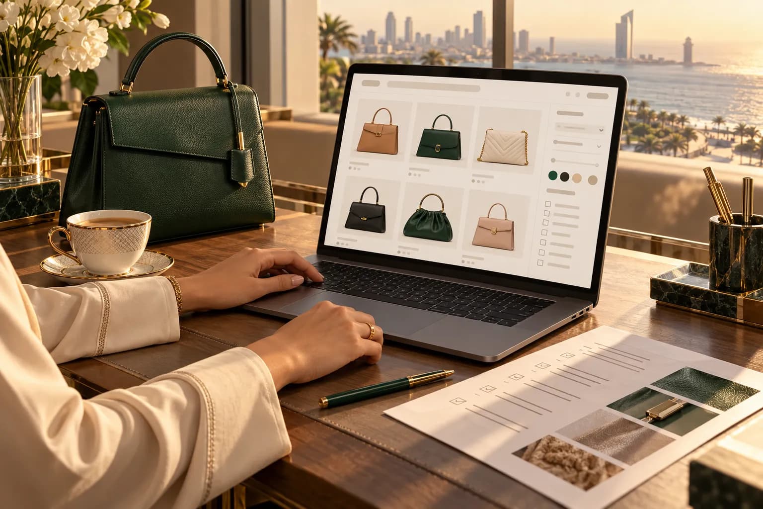 A Saudi marketer in Jeddah reviewing an Arabic category page of handbags on a laptop beside a printed page brief