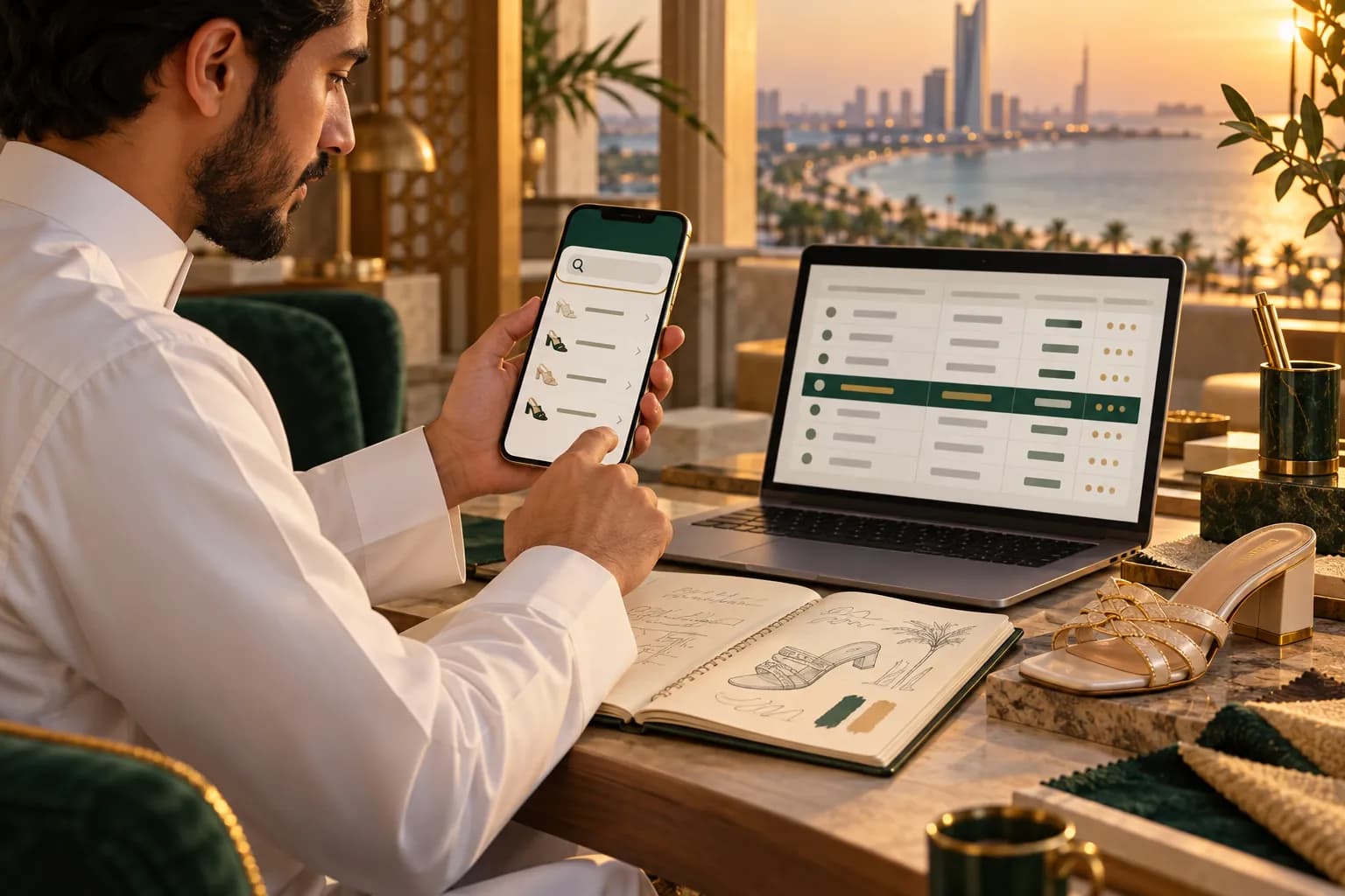 A young Saudi marketer at a desk comparing Arabic search suggestions on a phone with a keyword spreadsheet on a laptop
