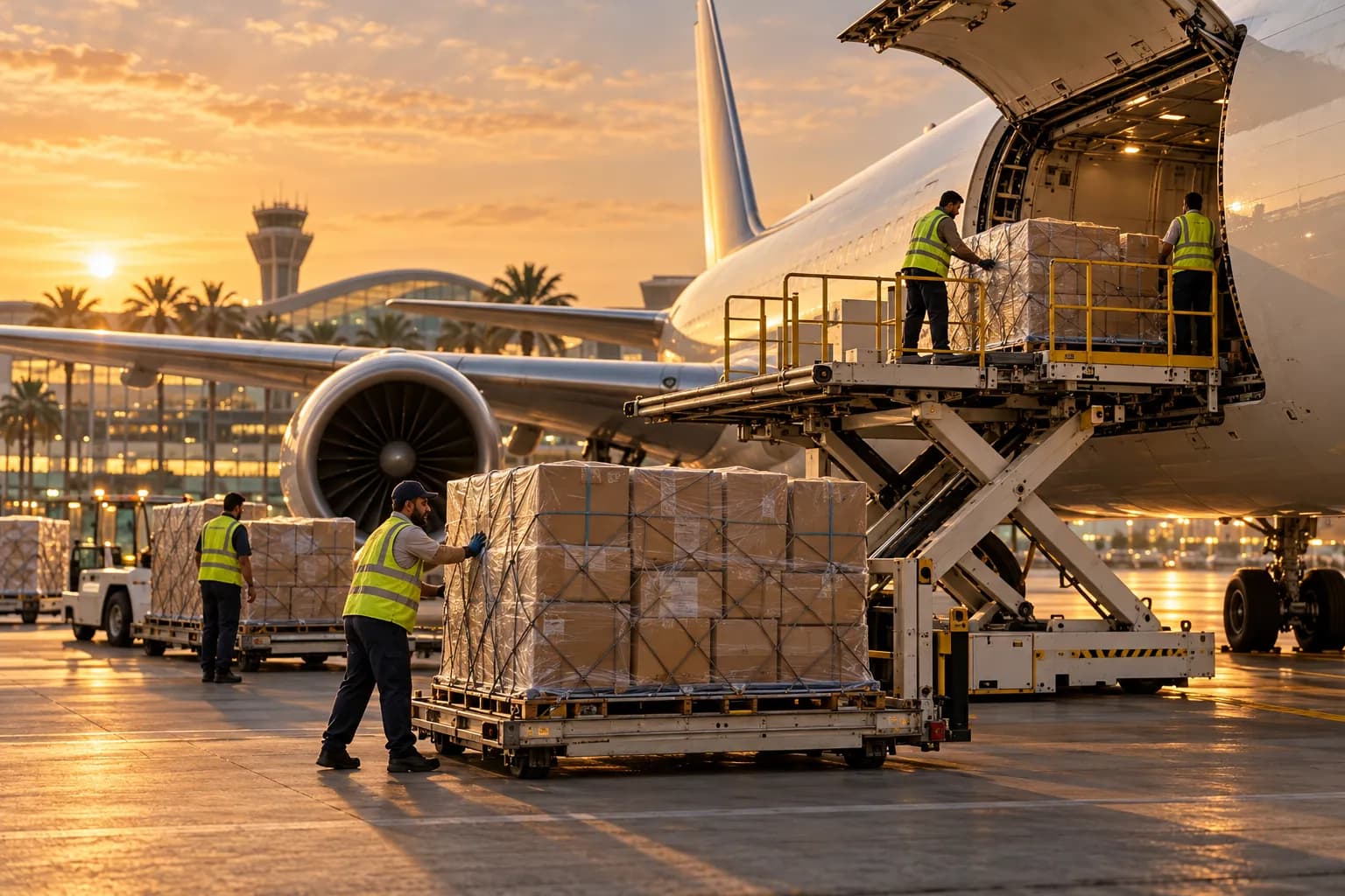 Workers loading express parcels onto a cargo aircraft at a Gulf airport at golden hour