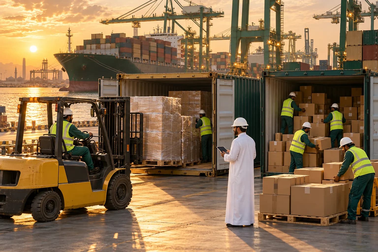 Forklift loading pallets of cartons into a shipping container at a busy port, with a smaller shared container being packed alongside