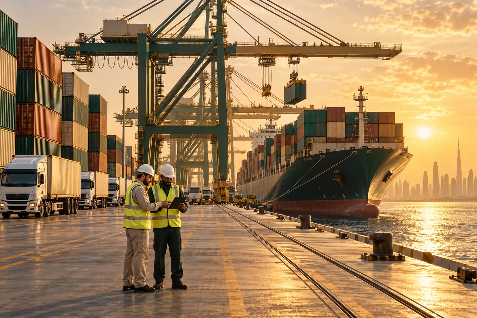 Container ship being unloaded by tall cranes at a large Dubai port at golden hour, with stacked containers and trucks waiting on the quay