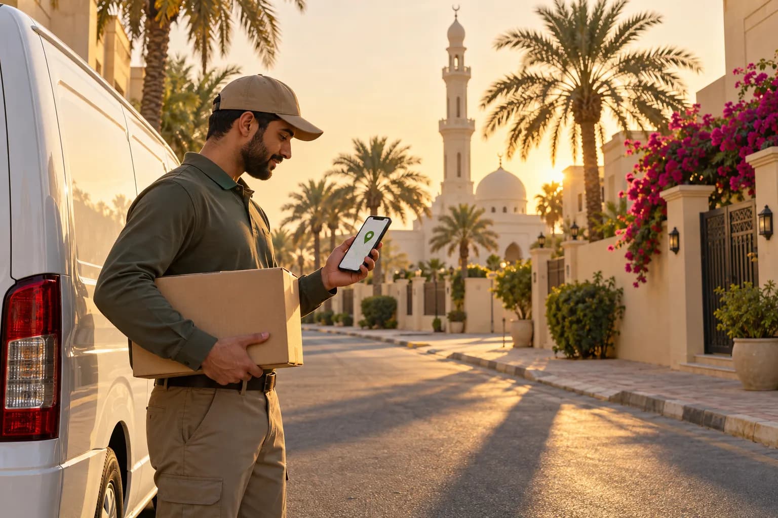 مندوب توصيل يتحقق من موقع على الخريطة في هاتفه أمام فلل في الشارقة، ومئذنة مسجد معلمًا قريبًا