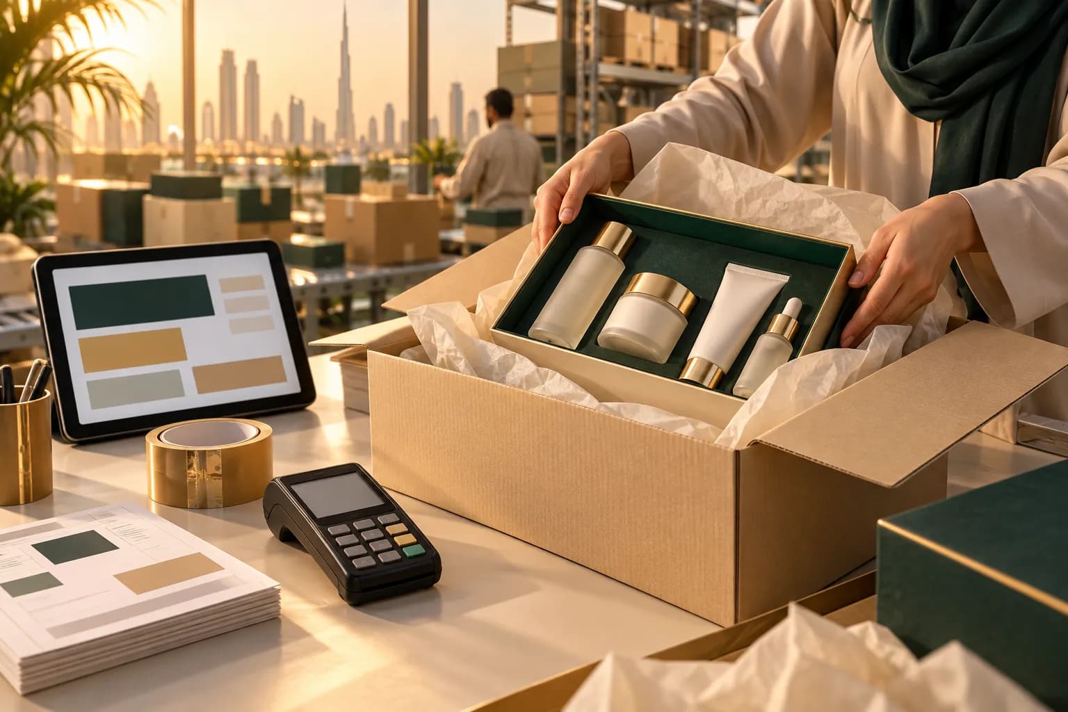 علبة هدايا للعناية بالبشرة تُغلّف في طرد شحن داخل مركز تجهيز طلبات في دبي، بجانب جهاز لوحي يعرض توزيعاً مجرداً للتكاليف