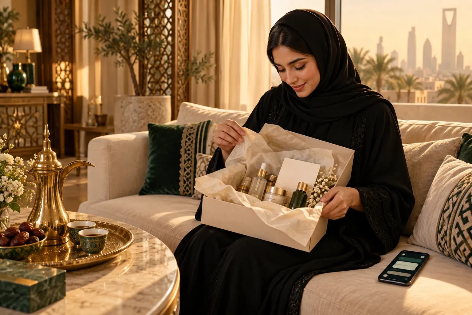 A Saudi woman in a modest abaya opening a neatly packed skincare parcel at home in Riyadh, smiling at a small thank-you card inside