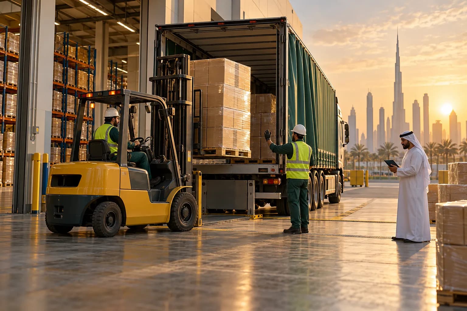Warehouse staff loading shrink-wrapped pallets of ecommerce cartons onto a curtain-side truck at a Dubai free-zone warehouse in the early morning