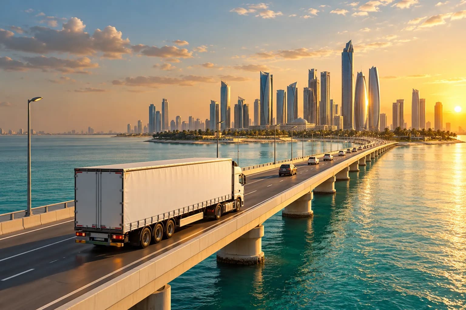 A cargo truck crossing a long causeway bridge over calm turquoise Gulf water toward an island city skyline at golden hour