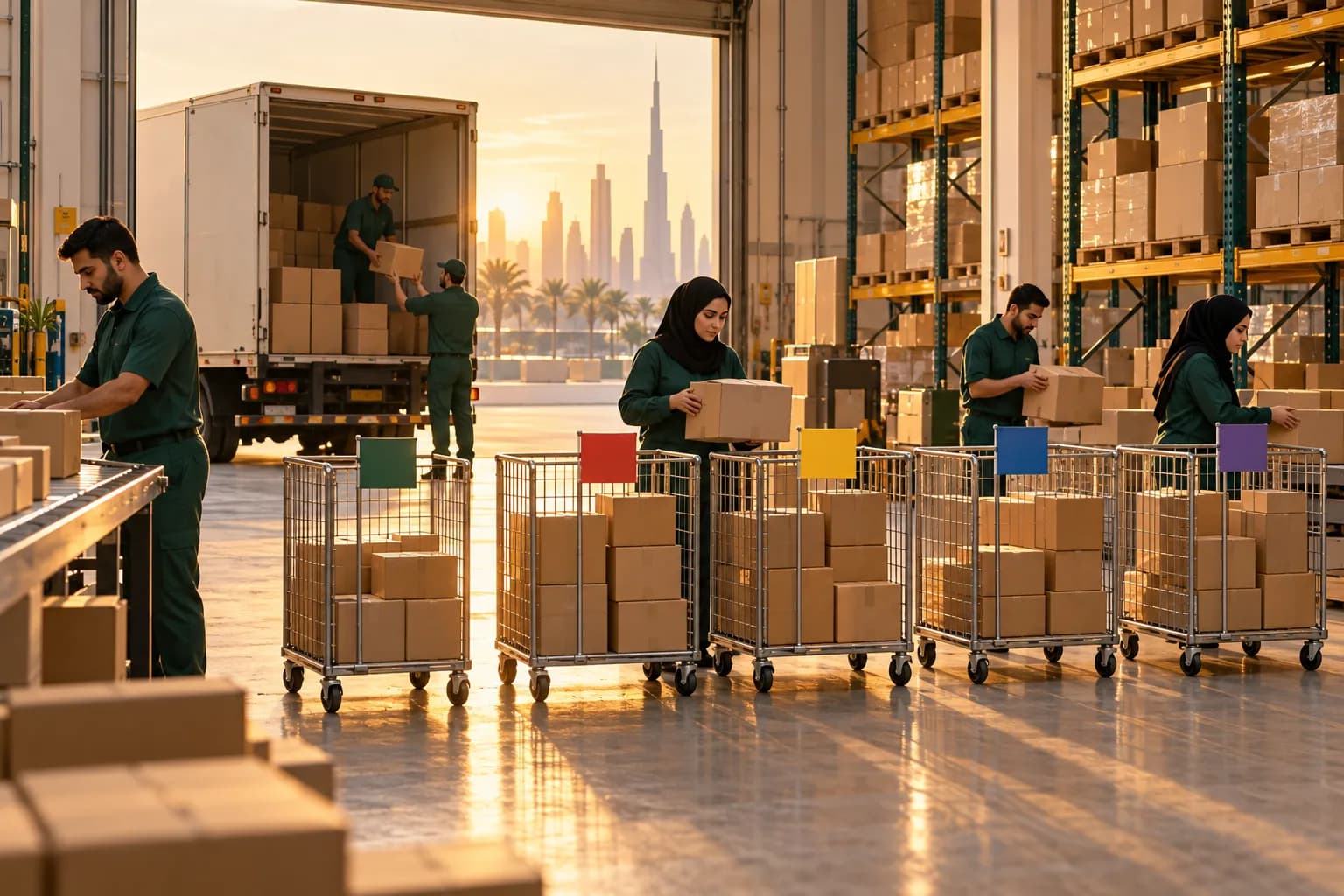 Warehouse staff in a Dubai free-zone fulfilment centre sorting parcels into cages for different Gulf countries at golden hour