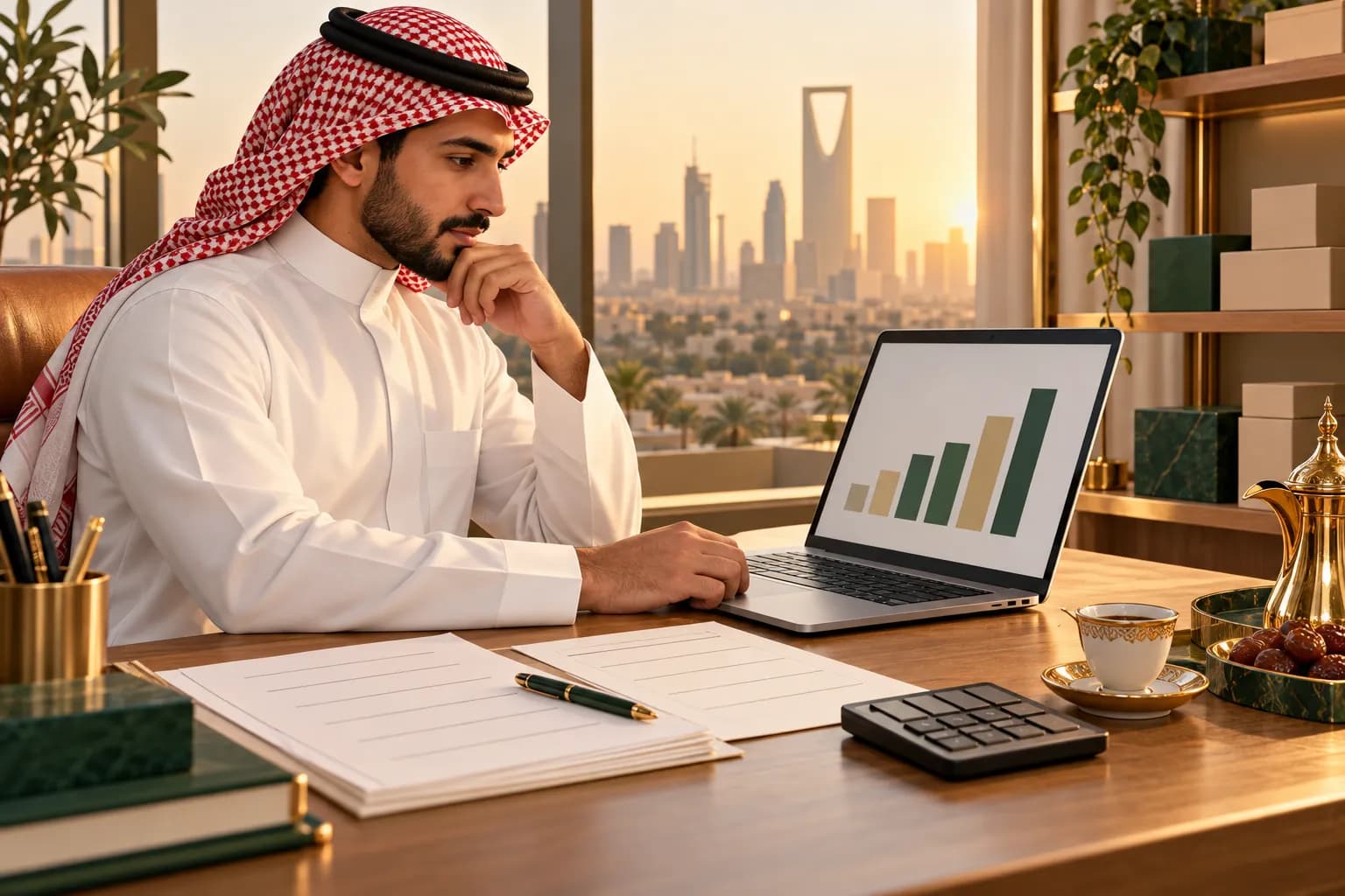 A young Saudi business owner reviewing a quarterly tax return on a laptop in a sunlit Riyadh office, with invoices and a calculator on the desk
