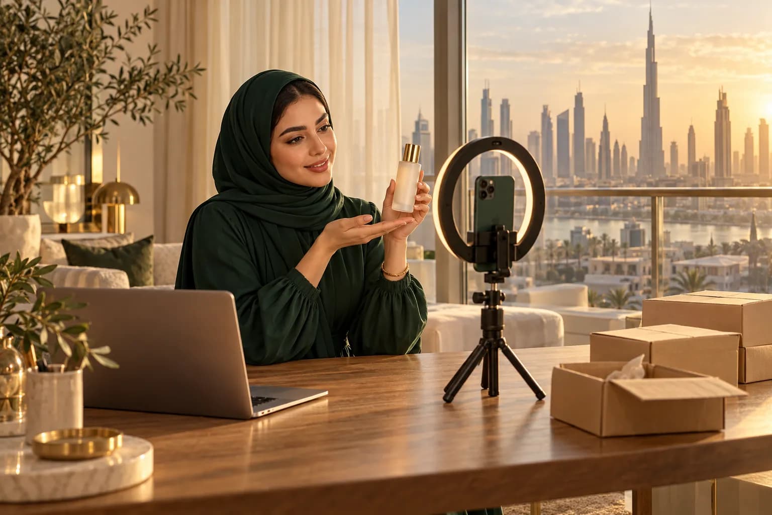 شابة تصوّر ريل لمنتج عناية بالبشرة بهاتف على حامل ثلاثي في شقة مشمسة في دبي