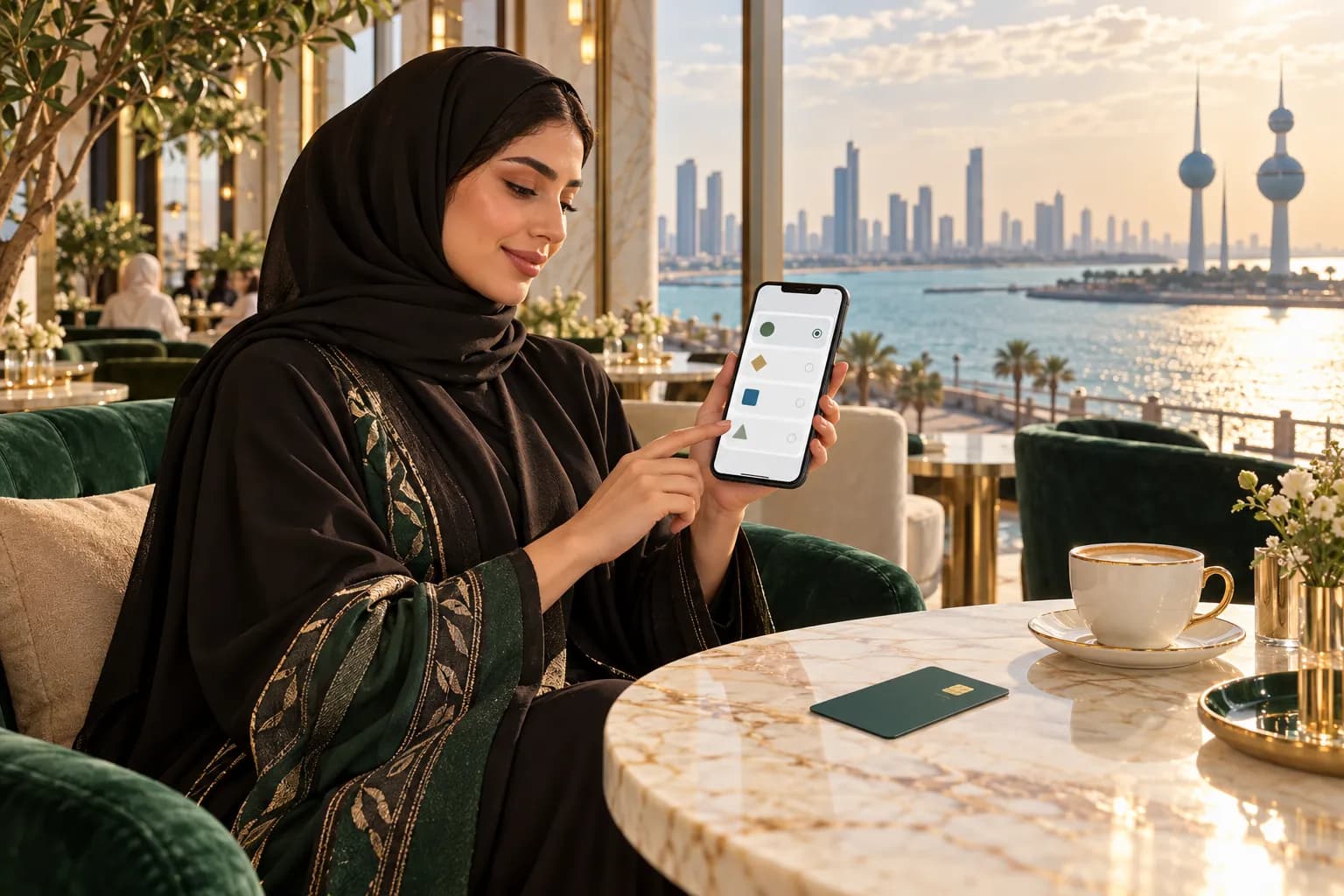 A young Kuwaiti woman paying for an online order on her phone at a café table in Kuwait City, with a debit card beside her