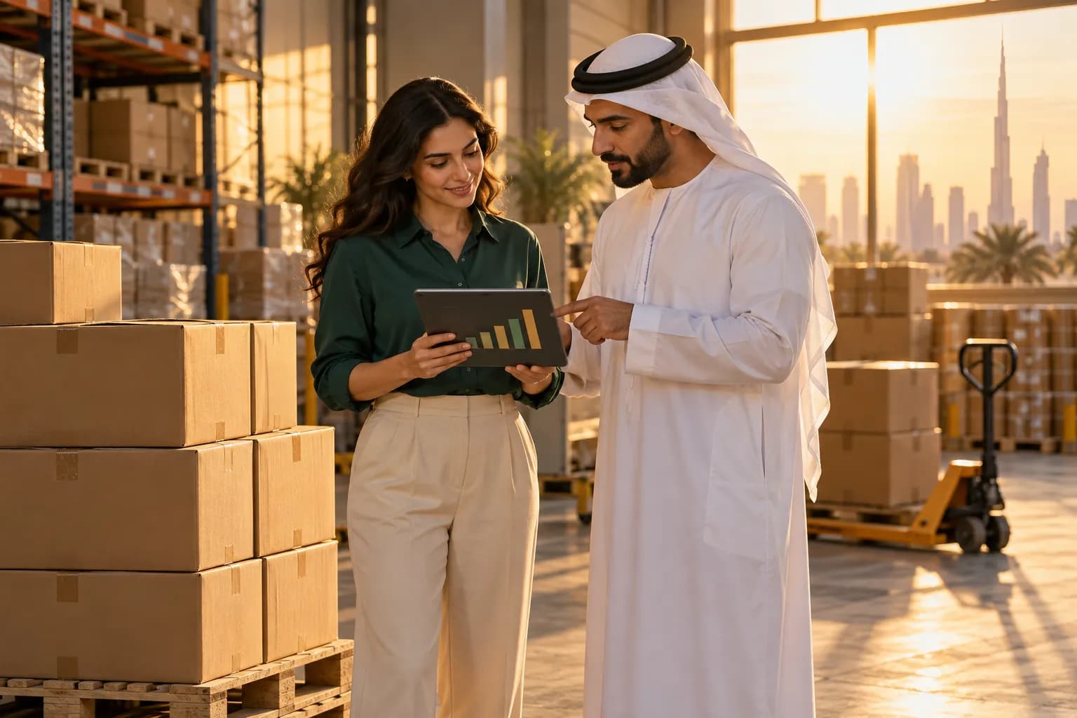 An agency account manager and a Dubai brand owner checking stock levels on a tablet beside packed cartons ready for a fulfilment warehouse