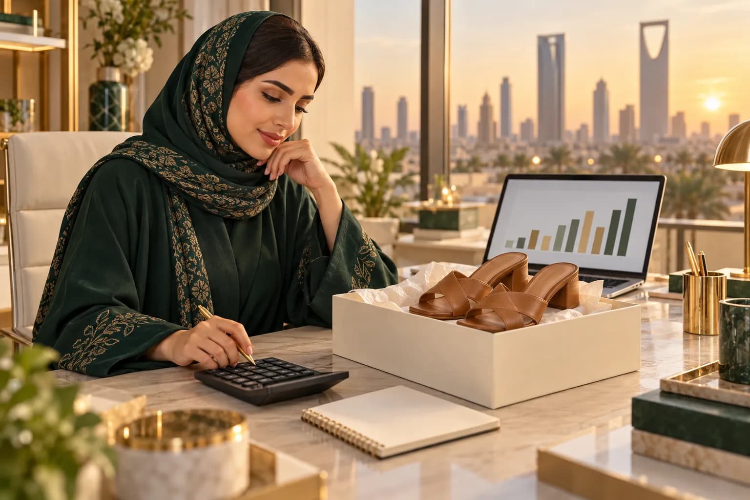 A young Saudi woman at a bright Riyadh workspace pricing a pair of leather sandals, with a laptop showing simple bar charts and a calculator beside the shoebox