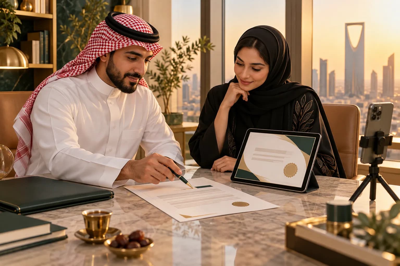 A Saudi brand manager and a creator reviewing an influencer contract and a licence certificate on a tablet in a Riyadh office