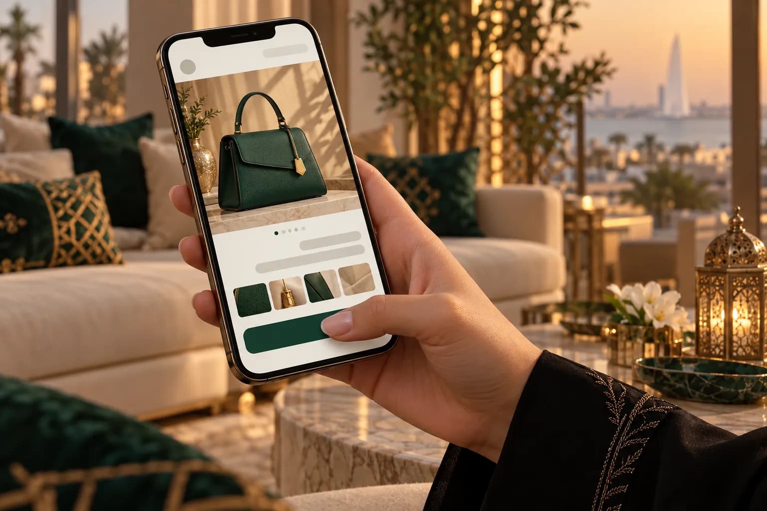 A Saudi shopper holding a phone in one hand and tapping a sticky checkout button at the bottom of an Arabic store page