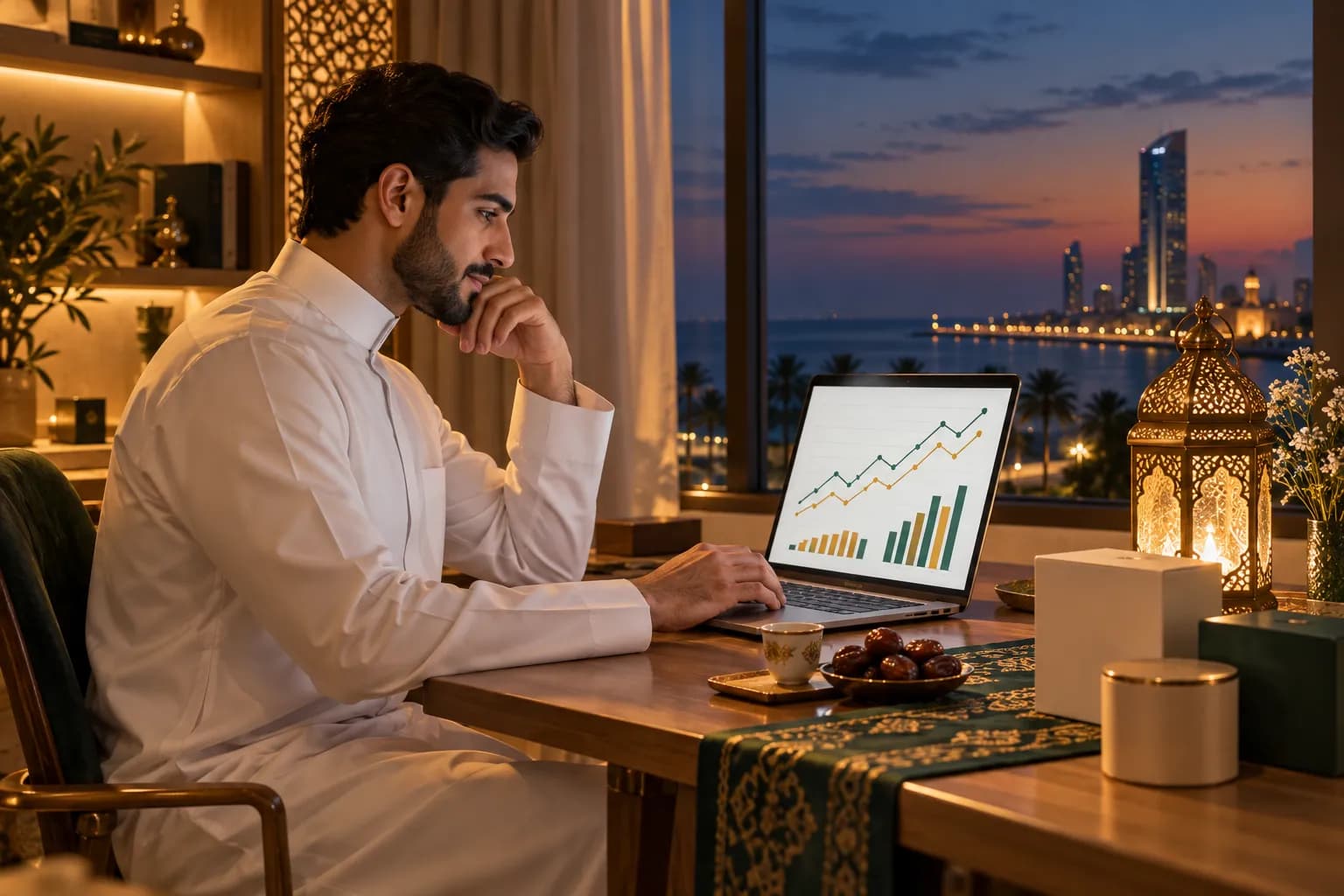 A young Saudi seller in a white thobe reviewing ad campaign charts on a laptop on a Ramadan evening, beside a glowing lantern, dates and Arabic coffee