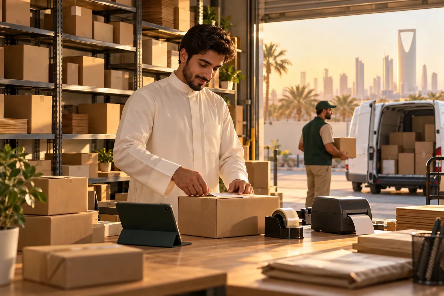A seller packing small parcels at a tidy packing station in a Riyadh warehouse while a courier van waits at the loading door