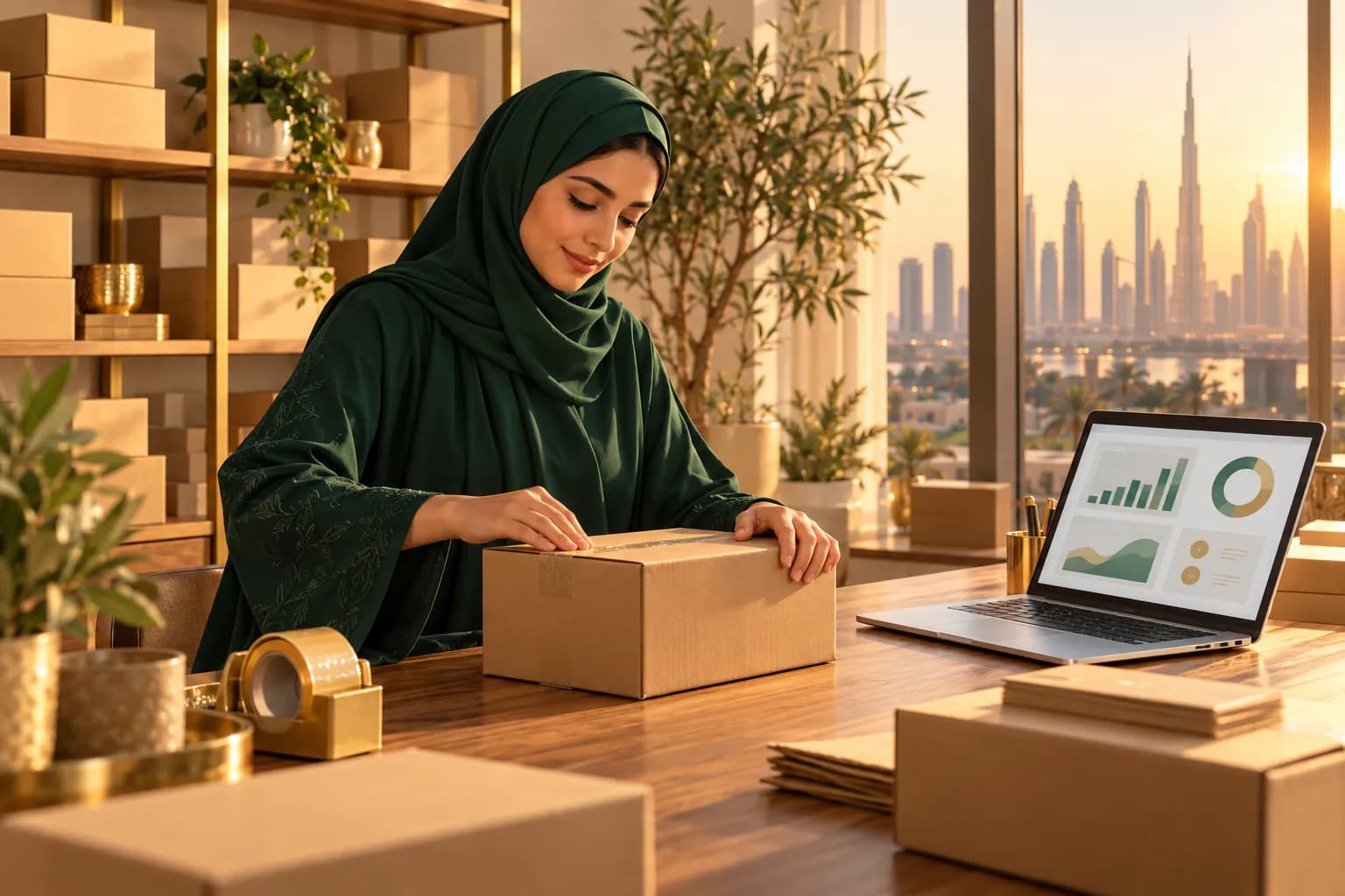 A young Emirati seller packing parcels at a desk in a small Dubai studio, with a laptop open beside her
