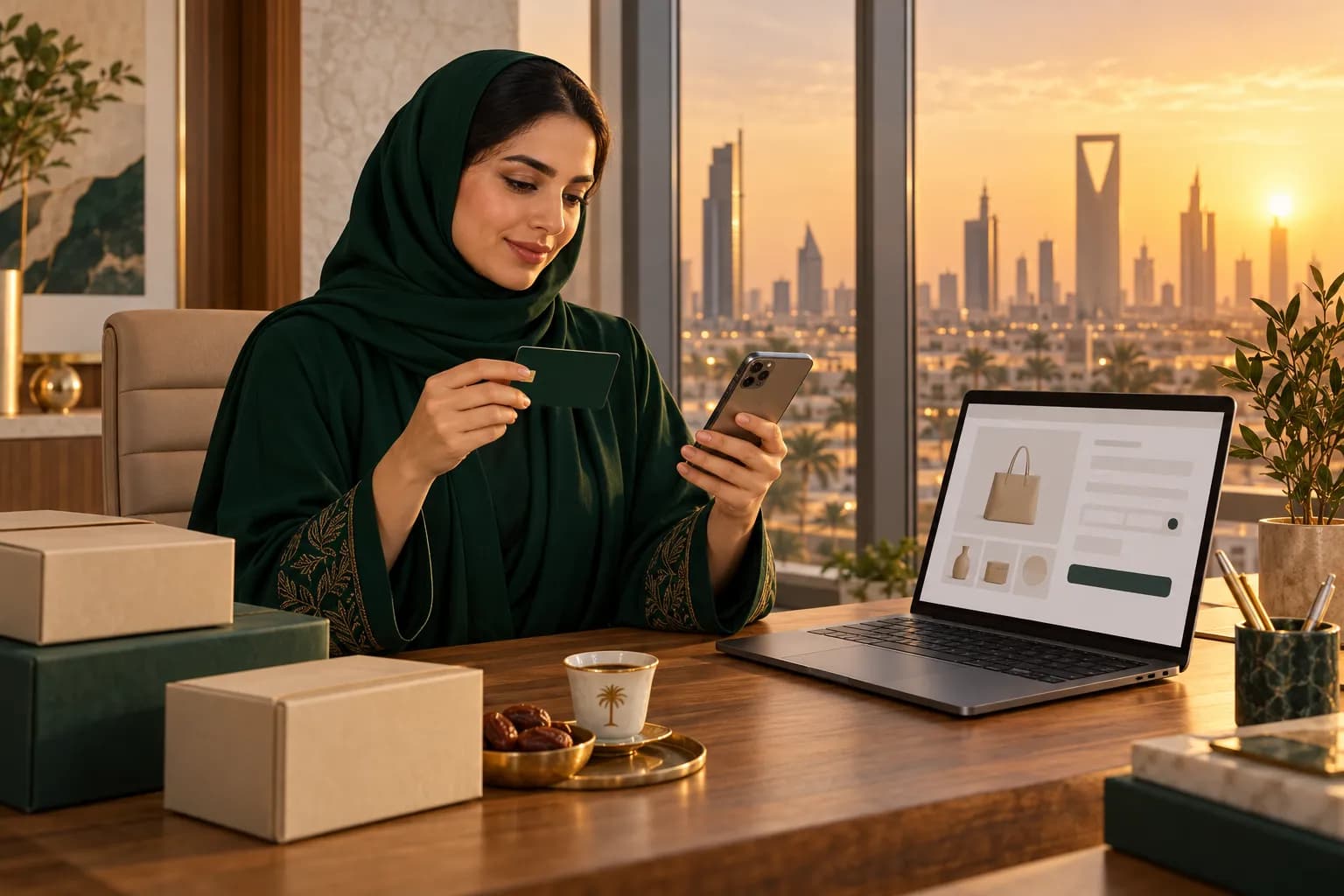 A Saudi store owner testing her online checkout with a debit card and a smartphone next to a laptop in a Riyadh office