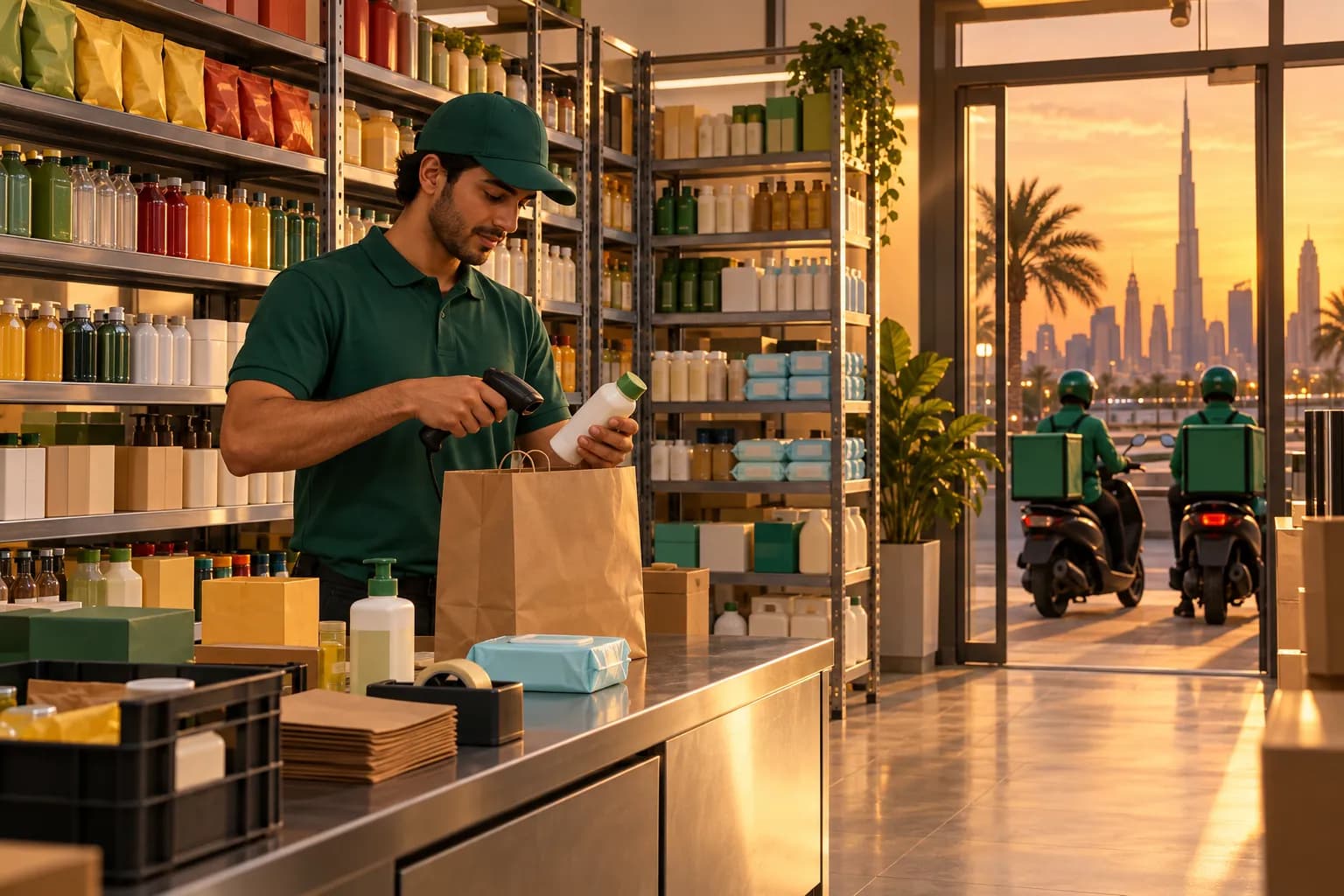 A worker picking skincare and snacks from shelves in a bright Gulf dark store while delivery riders wait at the door