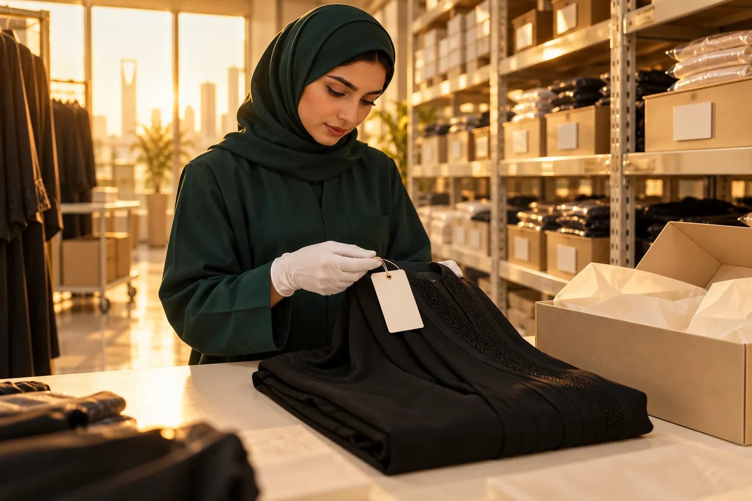 موظف مستودع في الرياض يتحقق من بطاقة عباءة سوداء مرتجعة قبل طيّها وإعادتها للمخزون