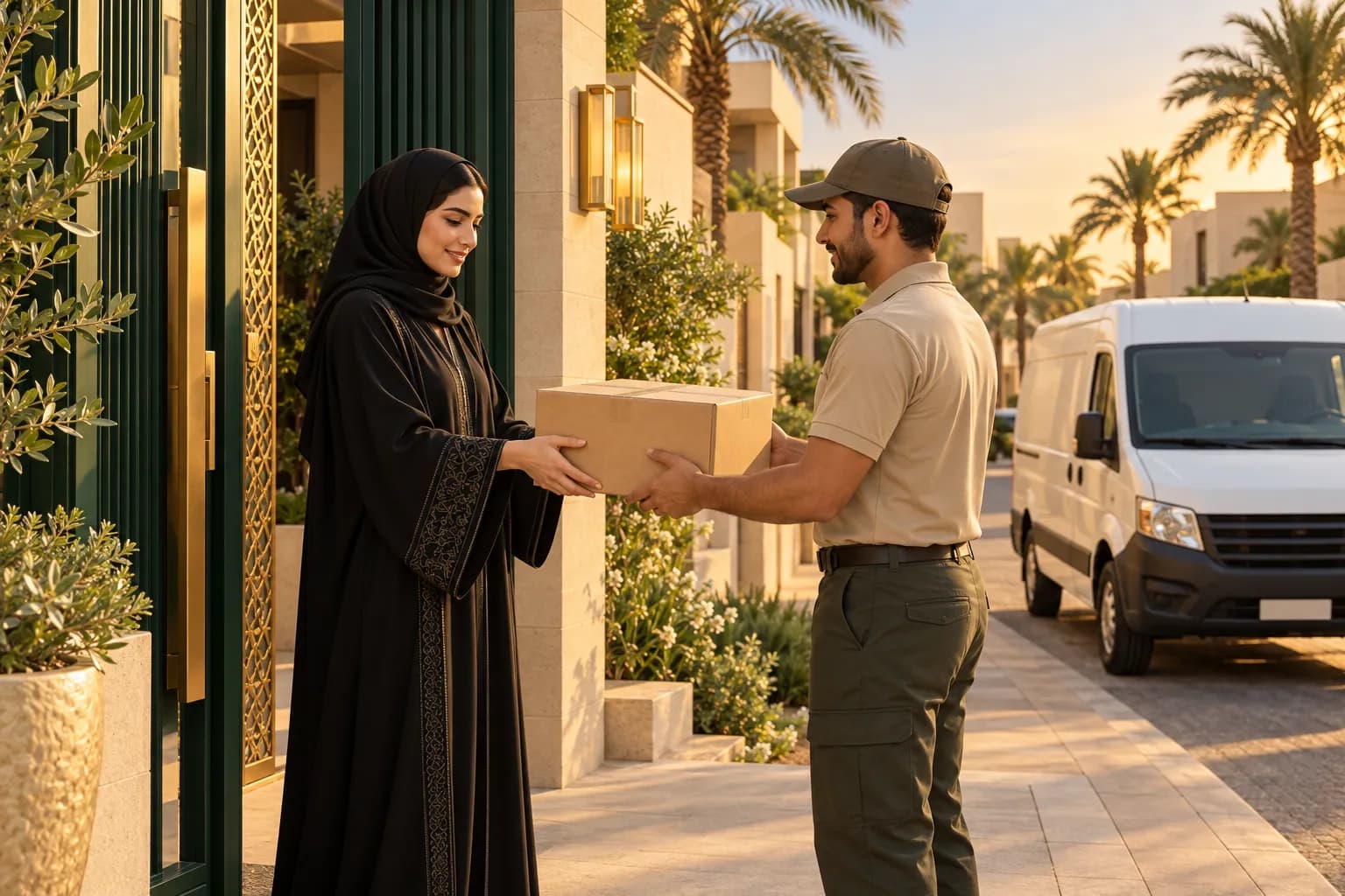مندوب شحن يستلم طرد إرجاع مغلقًا من عميلة عند بوابة فيلا في جدة