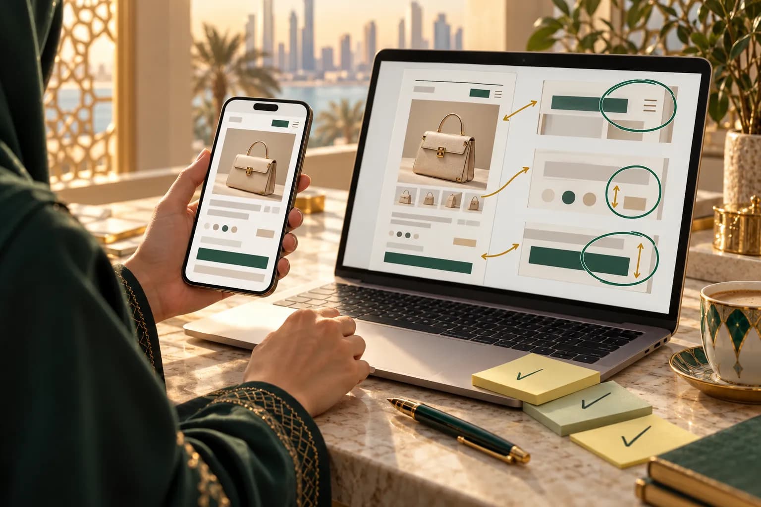 A QA tester comparing an Arabic product page on a phone with annotated screenshots of layout bugs on a laptop