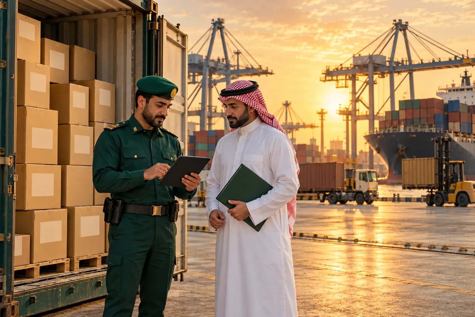 A Saudi customs officer at Jeddah Islamic Port checking shipment details on a tablet beside an open shipping container, with a customs broker holding a document folder