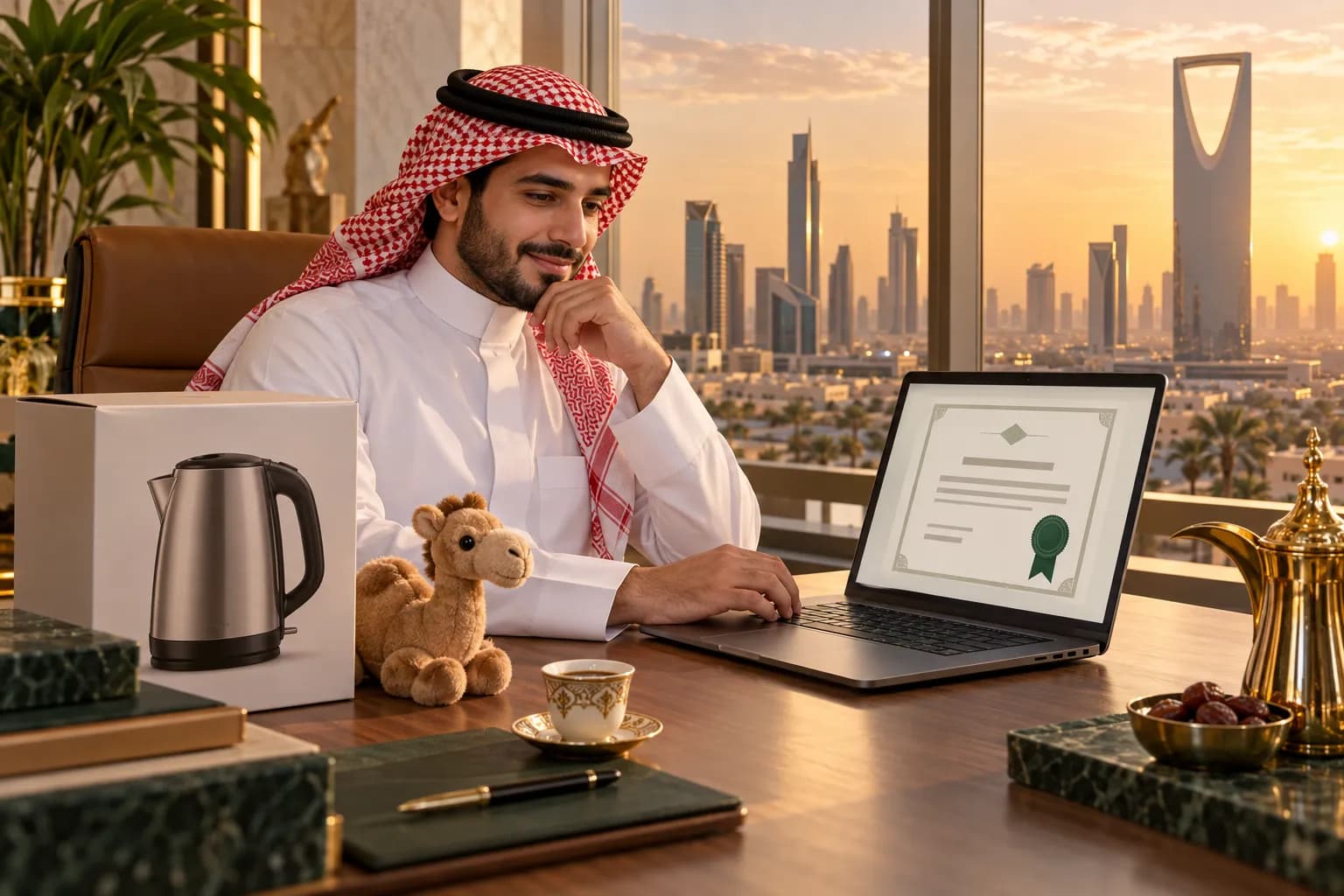 A Saudi importer at a desk in a bright Riyadh office reviewing a product safety certificate on a laptop, with a boxed electric kettle and a small toy beside him