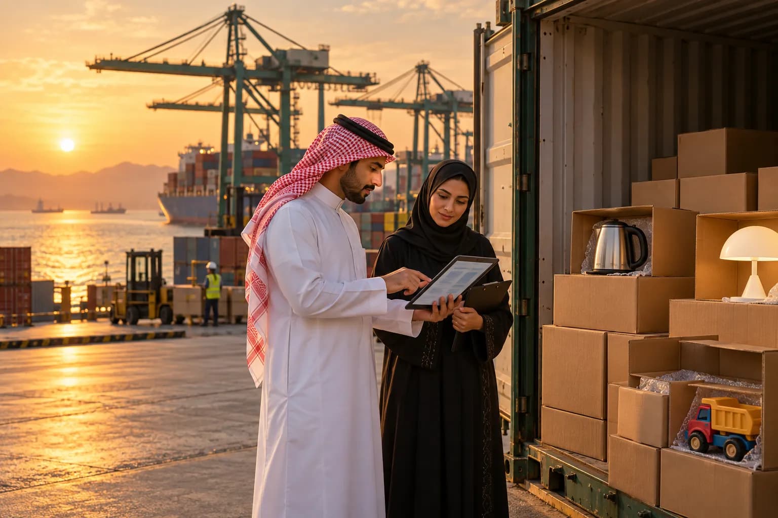 A Saudi customs broker checking a shipment certificate on a tablet beside an open container of kettles, lamps and toys at a Red Sea port