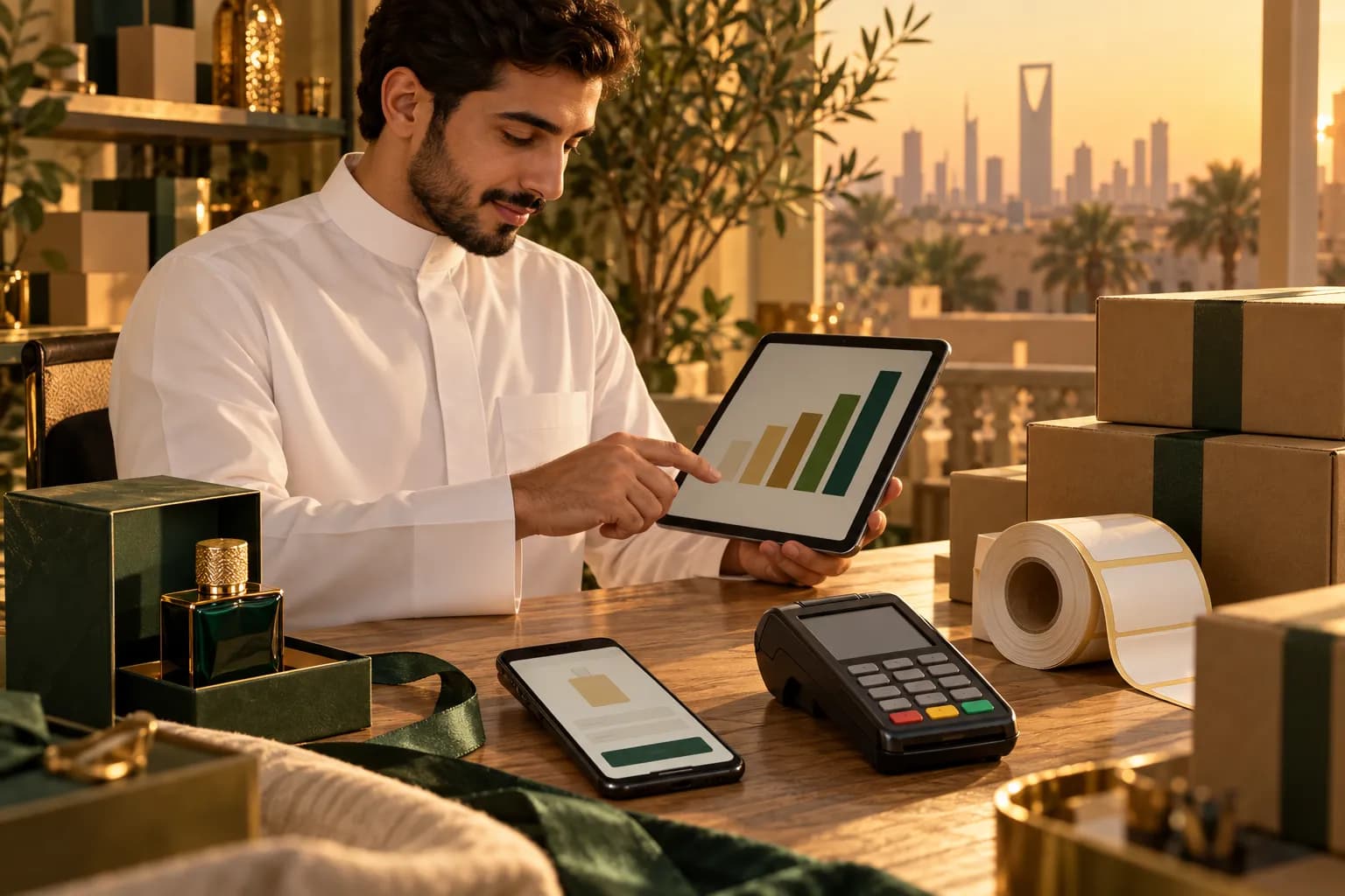 A young Saudi shop owner reviewing a monthly cost chart on a tablet beside a card terminal, shipping labels and packed parcels