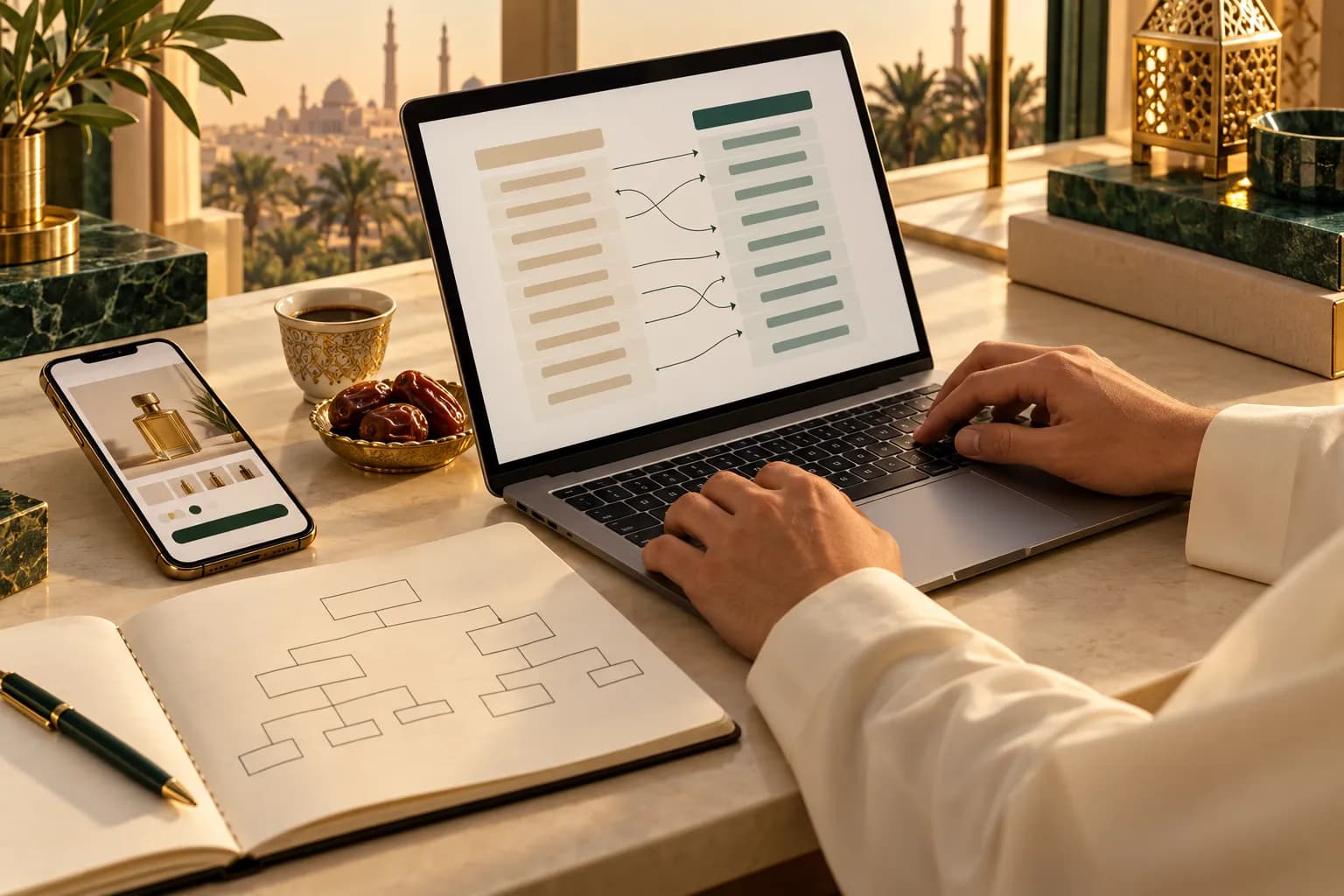 A Saudi store owner at a laptop comparing old and new store pages, with a spreadsheet of links beside her