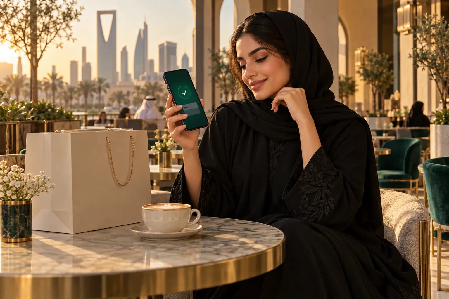 A young Saudi woman paying for an online order with her phone at a café table in Riyadh