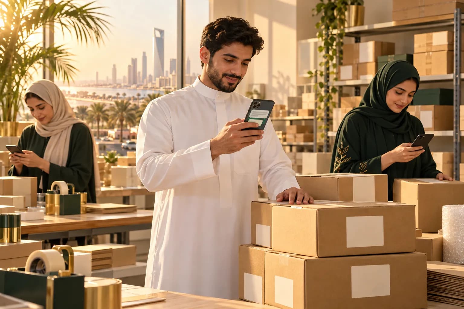 A small Saudi ecommerce team confirming cash-on-delivery orders on their phones next to stacked parcels in a Jeddah stockroom