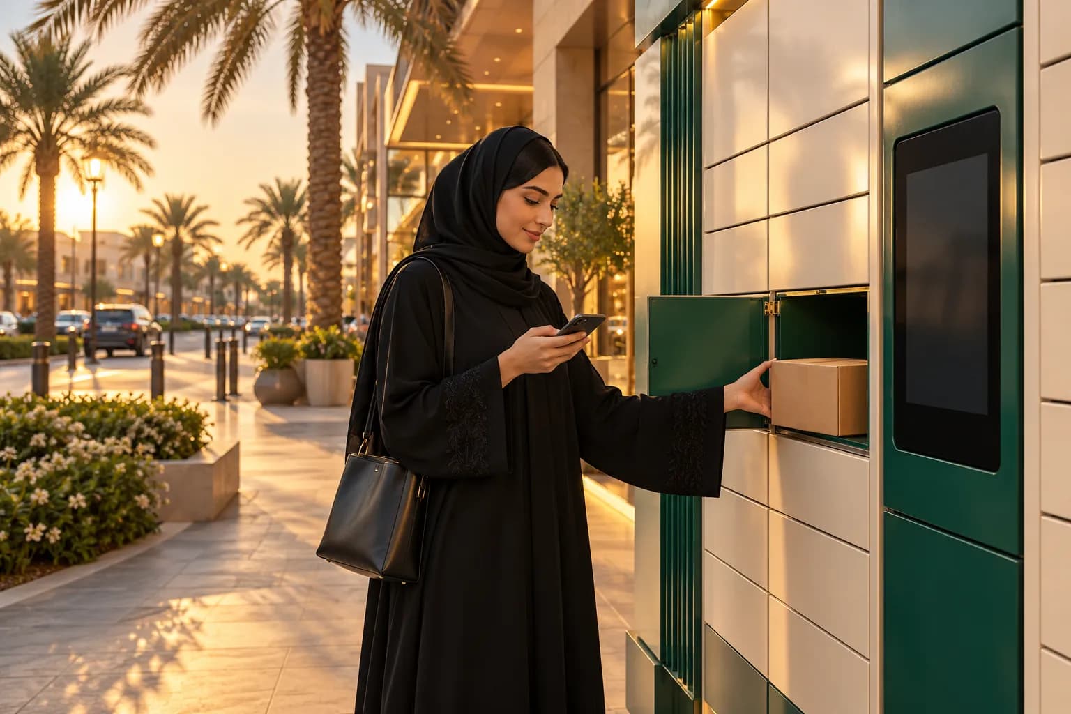 A Saudi woman in an abaya collecting a small parcel from a self-service parcel locker outside a Jeddah shopping centre in the evening