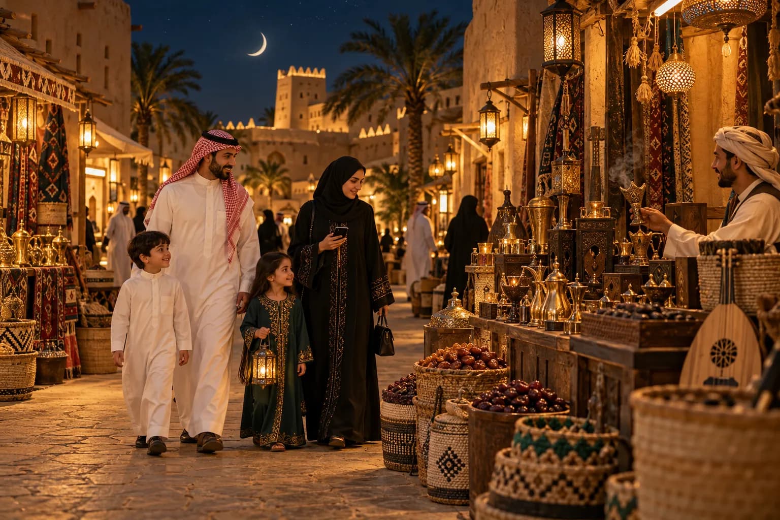 Saudi family in traditional regional dress walking through a lantern-lit mud-brick heritage market at night during Ramadan