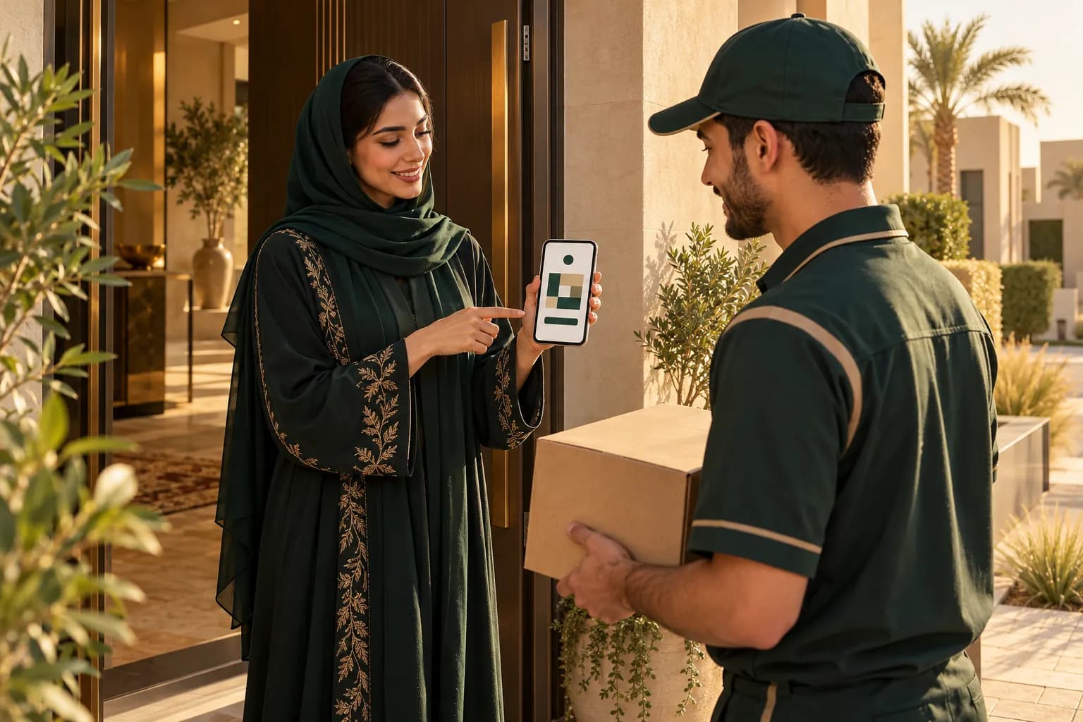 A Saudi shopper at home checking her address code on her phone while a courier waits at the door with a parcel