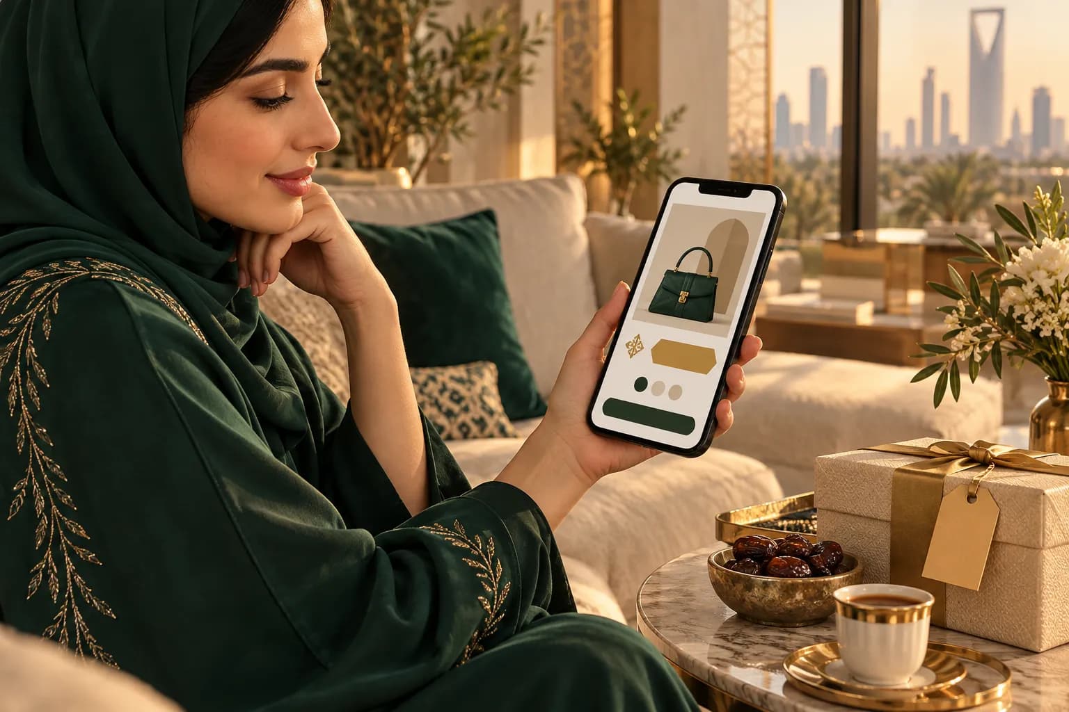 A shopper in Riyadh looks at a product page on her phone, with a price block next to a gift box