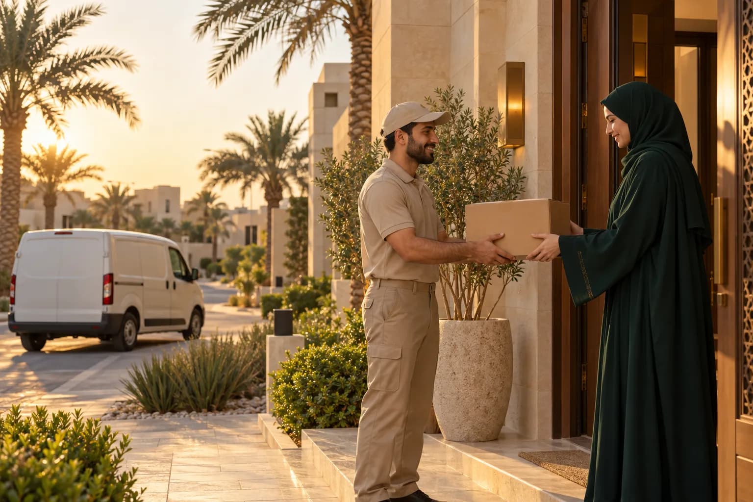 A delivery courier handing a parcel to a customer at the door of a modern Riyadh villa at golden hour