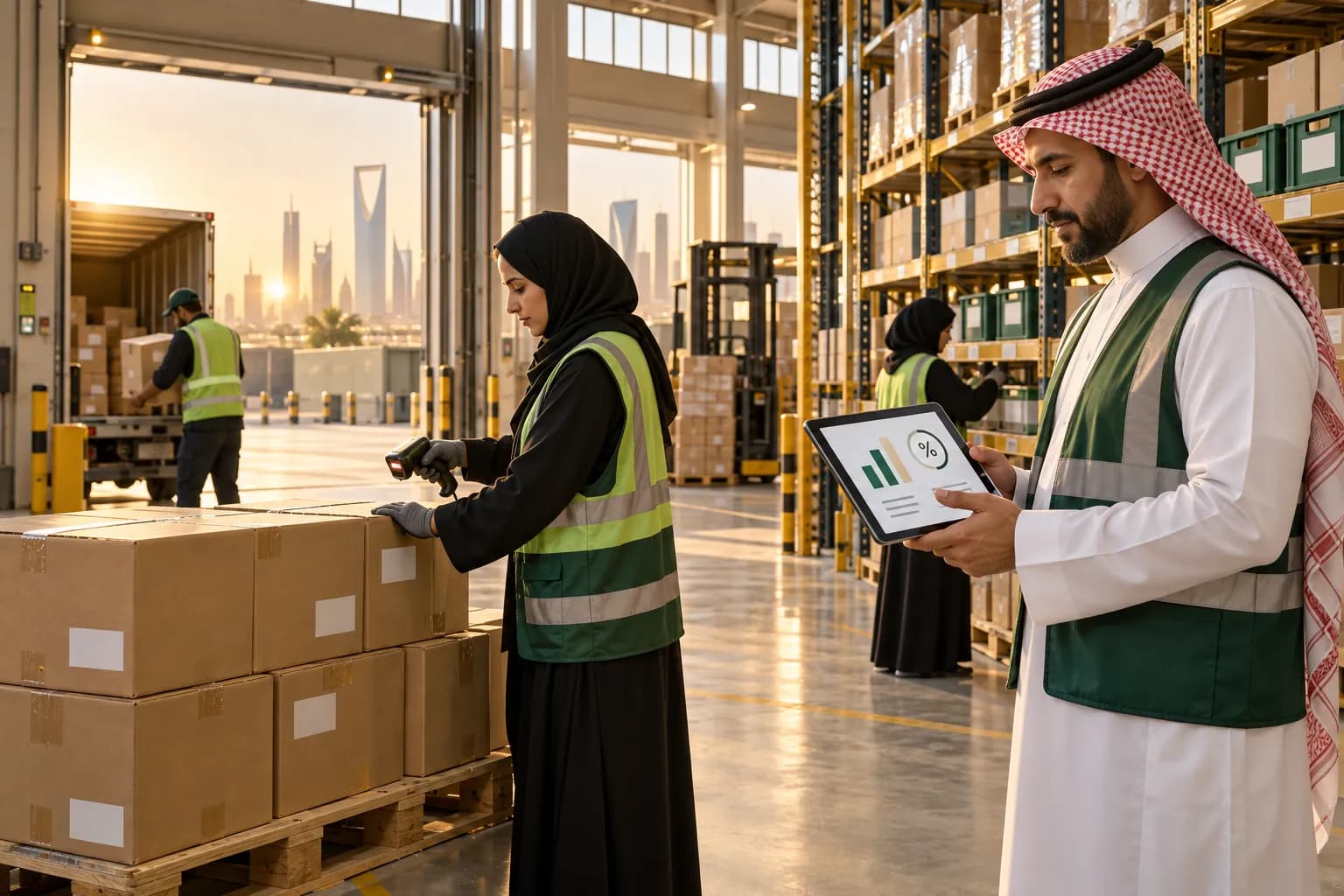 Cartons of a foreign brand's stock being checked into a Riyadh fulfilment warehouse, with a manager reviewing an abstract VAT summary on a tablet
