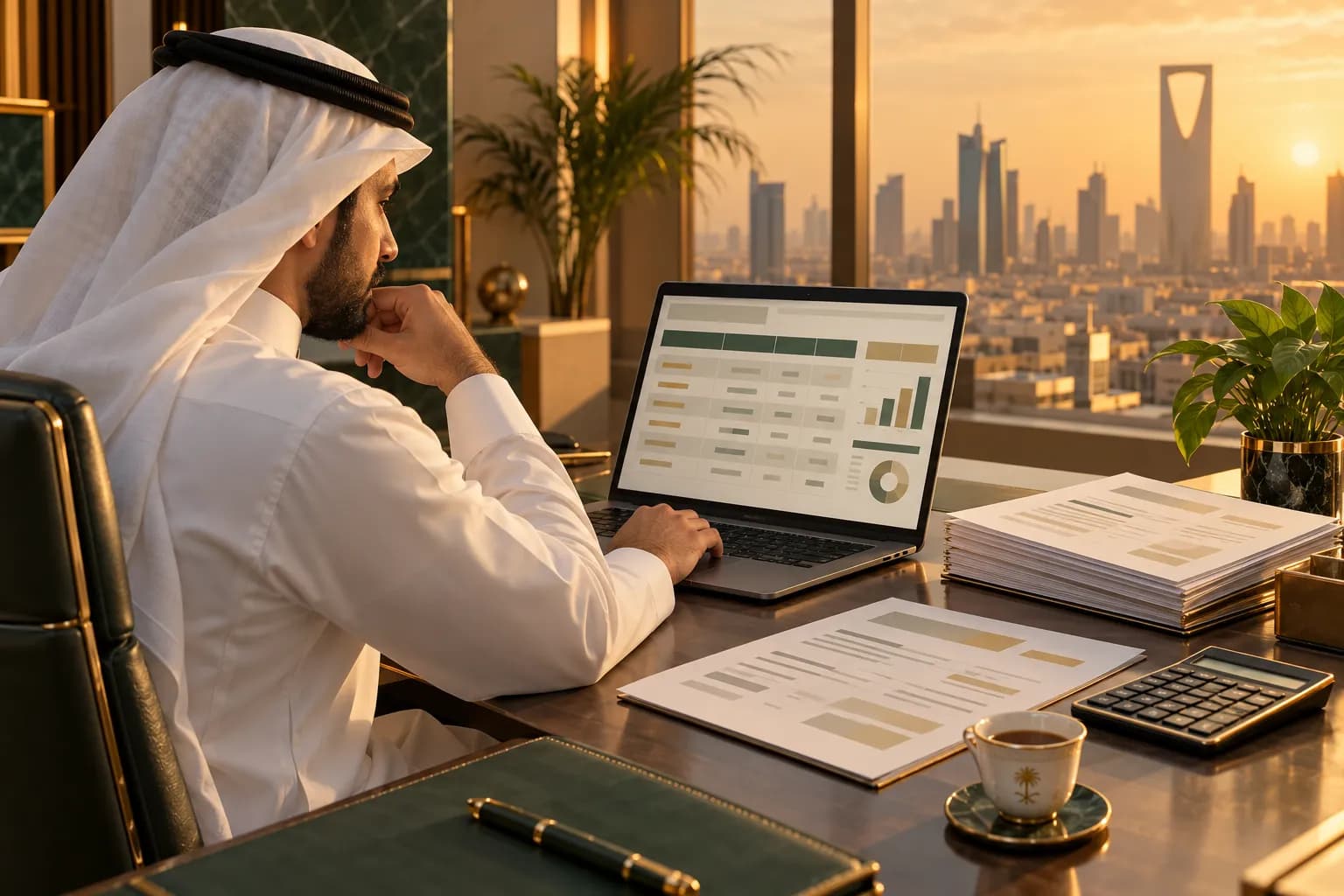 A Saudi store owner at a desk in a Riyadh office reviewing an abstract quarterly VAT summary on a laptop, with fee invoices and a customs declaration beside it