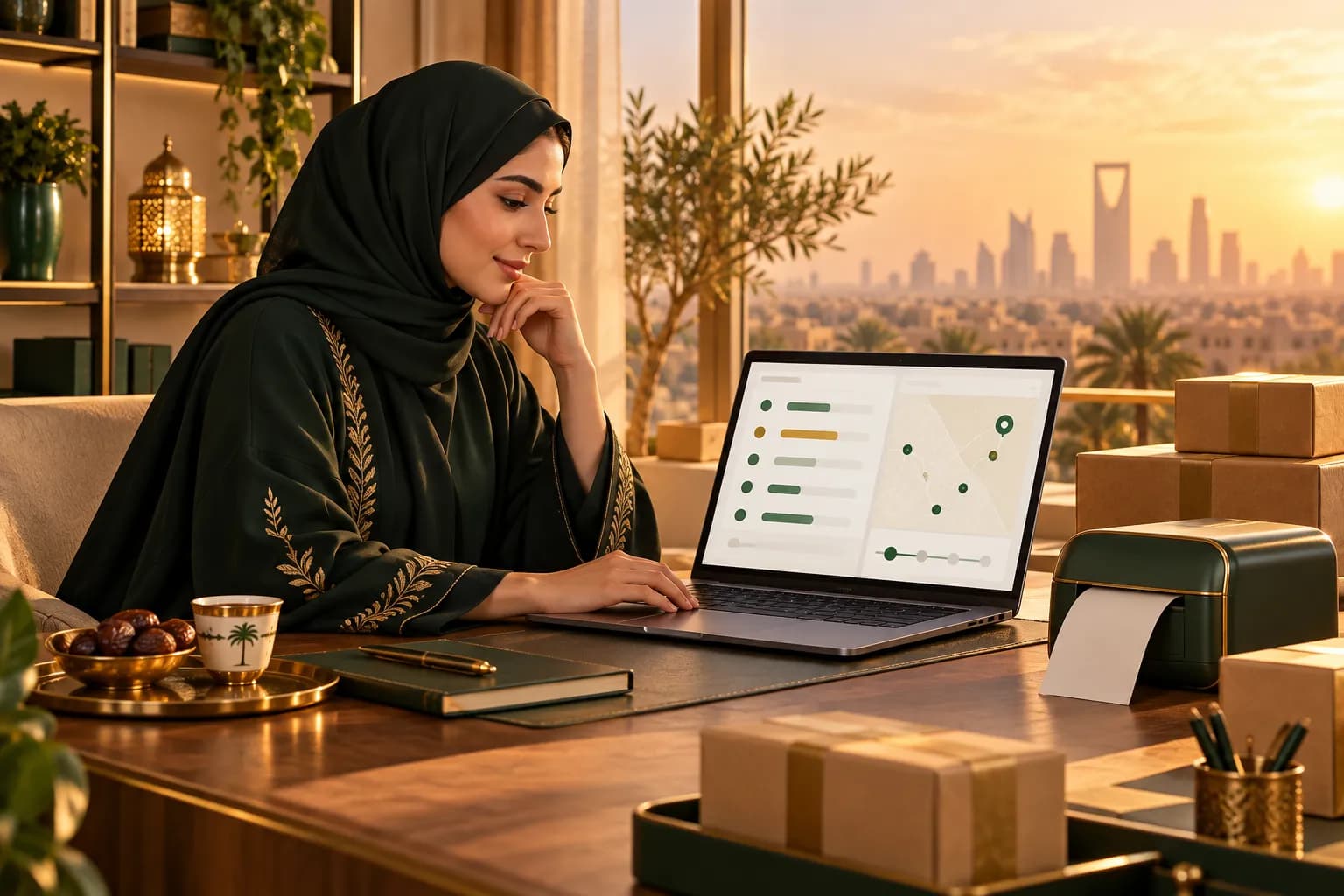 صاحبة متجر سعودية على مكتبها تقارن أسعار شركات الشحن وتتبع الشحنات على لوحة تحكم في حاسوبها المحمول، وبجانبها طرود عليها بوالص وطابعة بوالص
