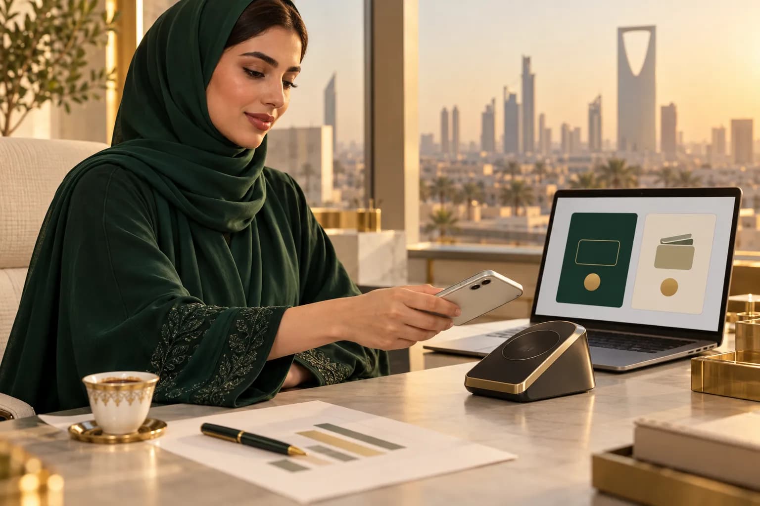 صاحبة متجر سعودية على مكتب في الرياض تقارن بين خيارين للدفع على حاسوب محمول وتمسك آيفون لتجربة صفحة الدفع